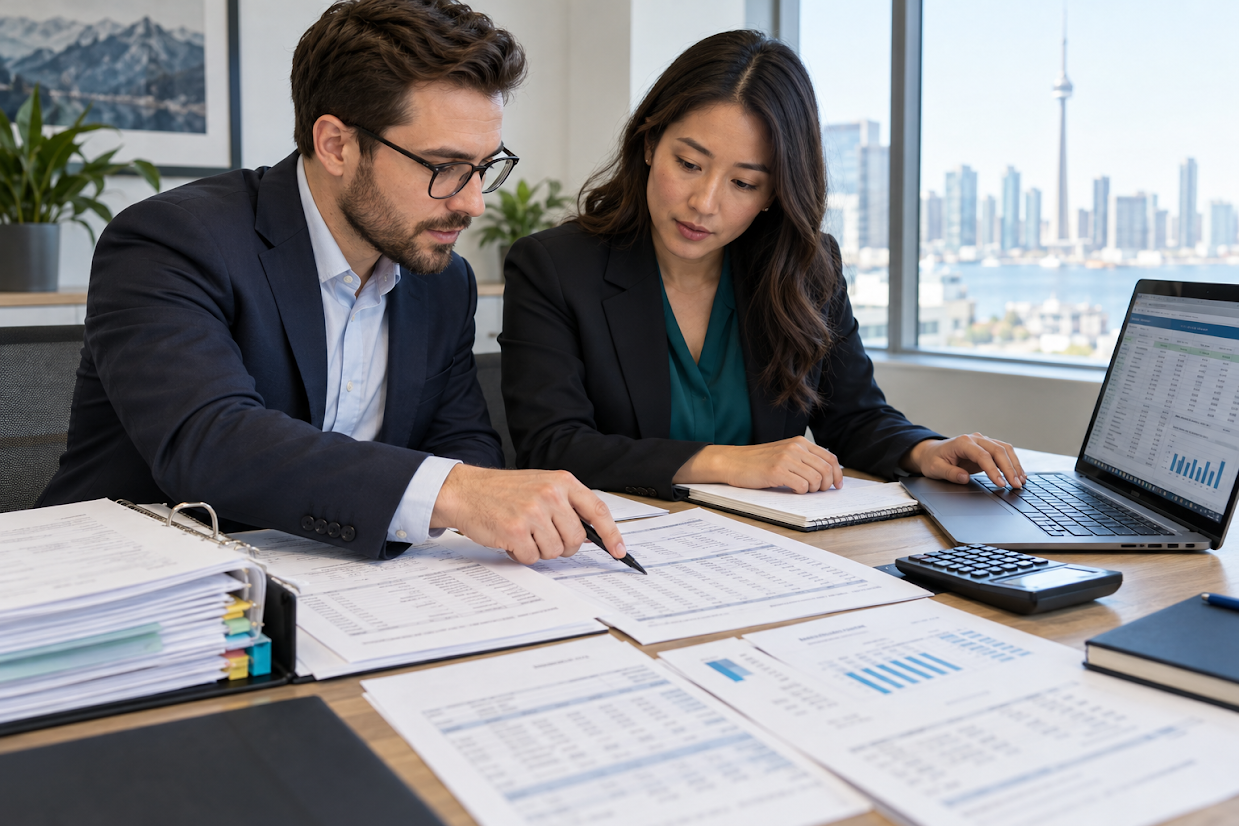 Accountants preparing compilation financial statements with supporting schedules and organized working papers